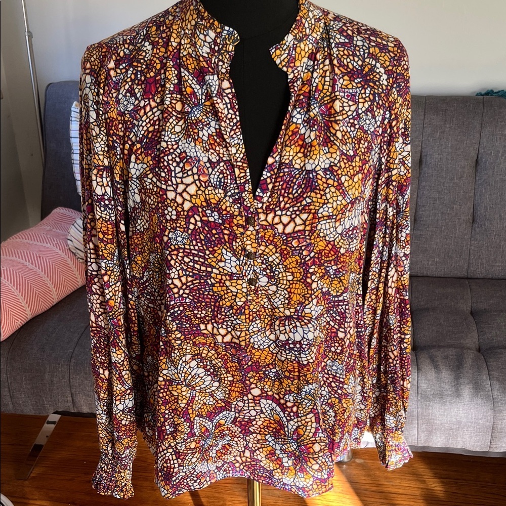 Anthropologie Maeve Purple and Orange Stained glass  Patterned Blouse Size XS